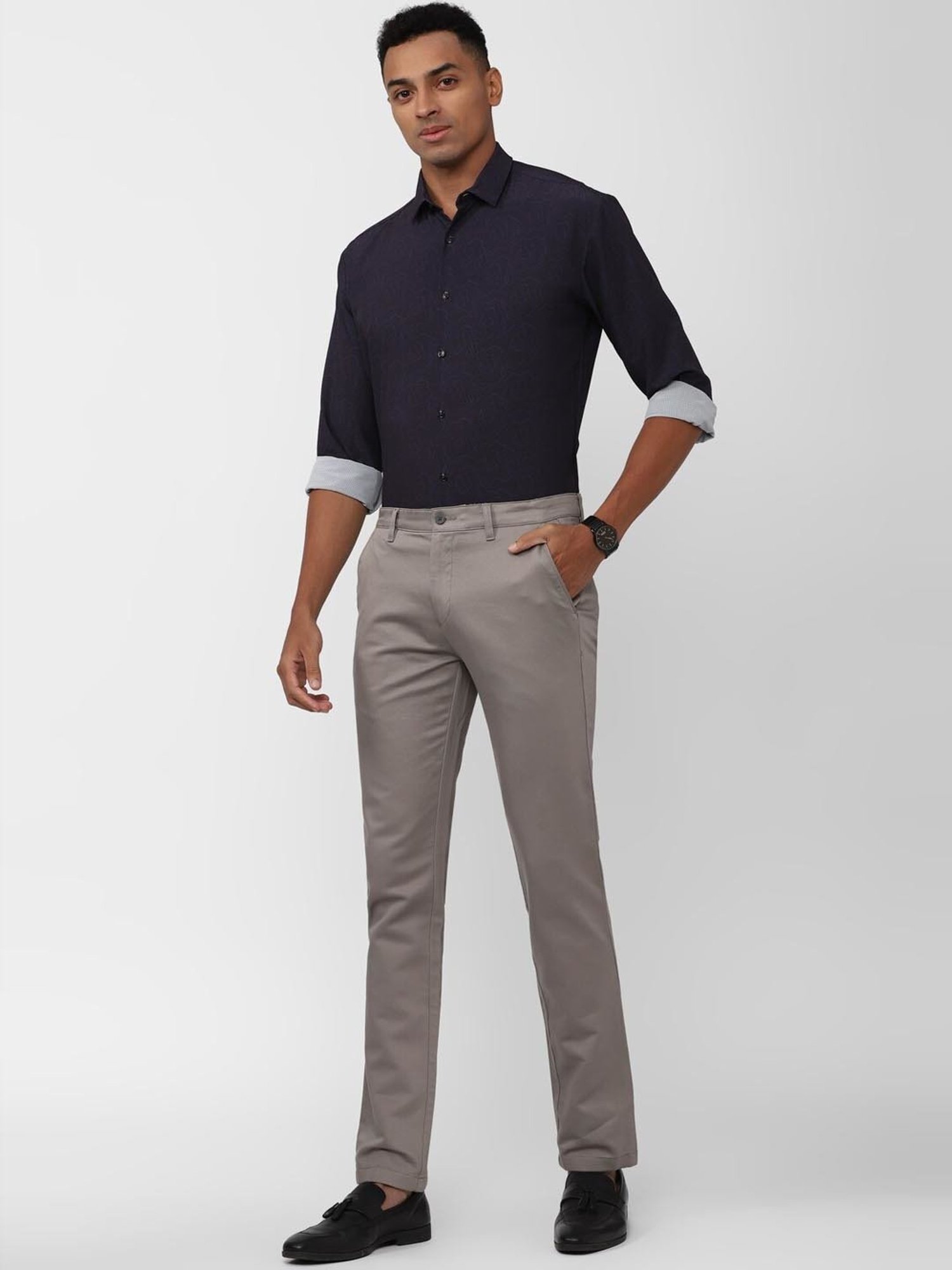 V Dot Navy Slim Fit Printed Shirt