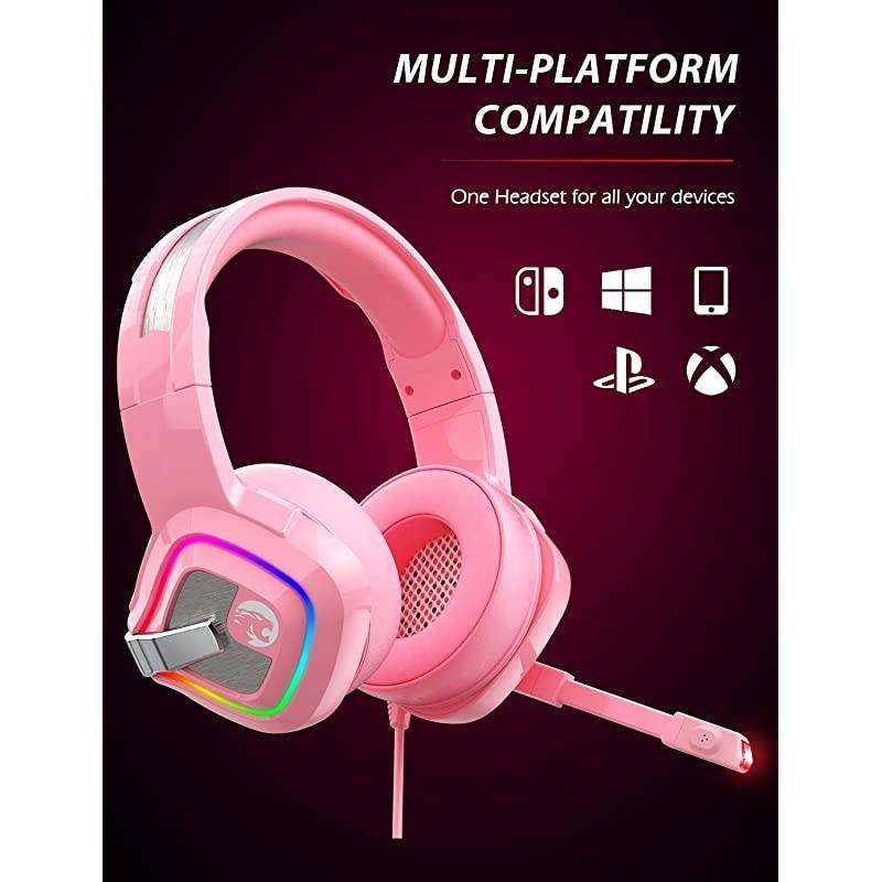 Z66 Pink Gaming Headset for PS4 Xbox One PC Wired OverEar Headphone with Noise Isolation Microphone LED RGB LightSurround Sound