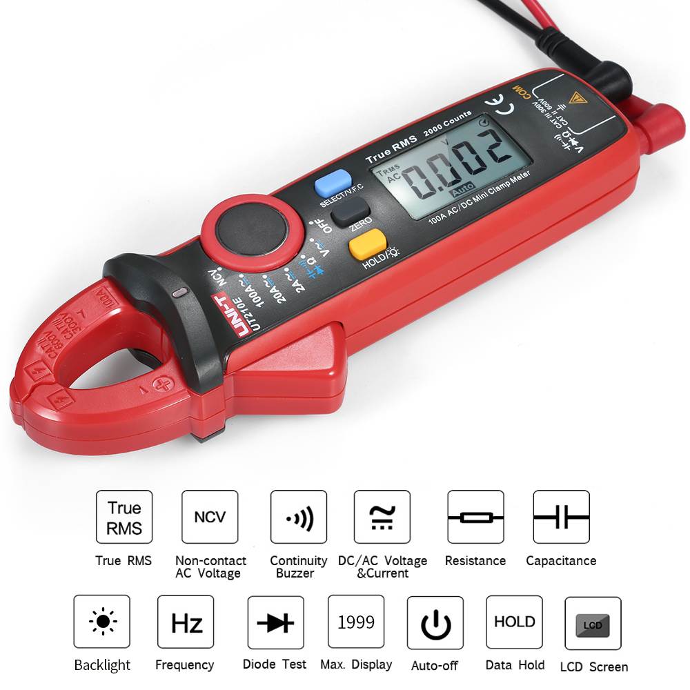 UNI-T UT210E Mini Digital Handheld Clamp Multimeter Backlight LCD True RMS Voltmeter Ammeter Ohmmeter AC/DC Voltage Current Capacitance Resistance NCV Continuity Test Diode Tester with Storage Bag