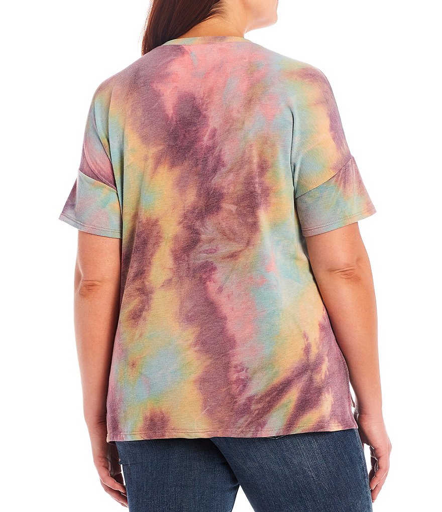 Moa Moa Plus Size Multi Tie-Dye Knit Jewel Neck Drop Shoulder Short Sleeve Top