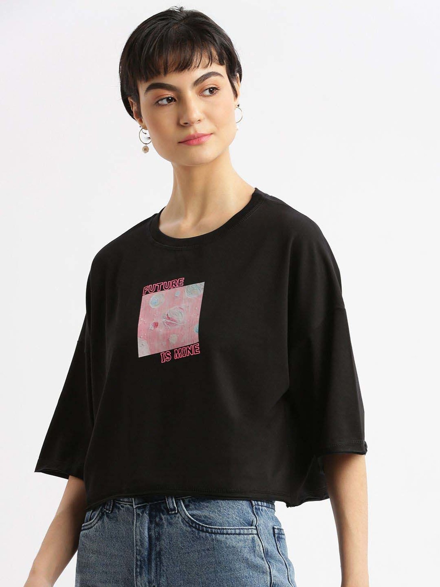 SHOWOFF Black Cotton Printed T-Shirt