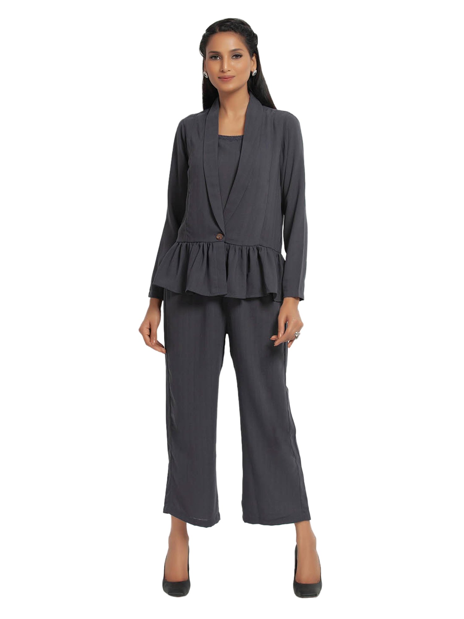 Office & You Grey Full Sleeves Jacket With Gathers