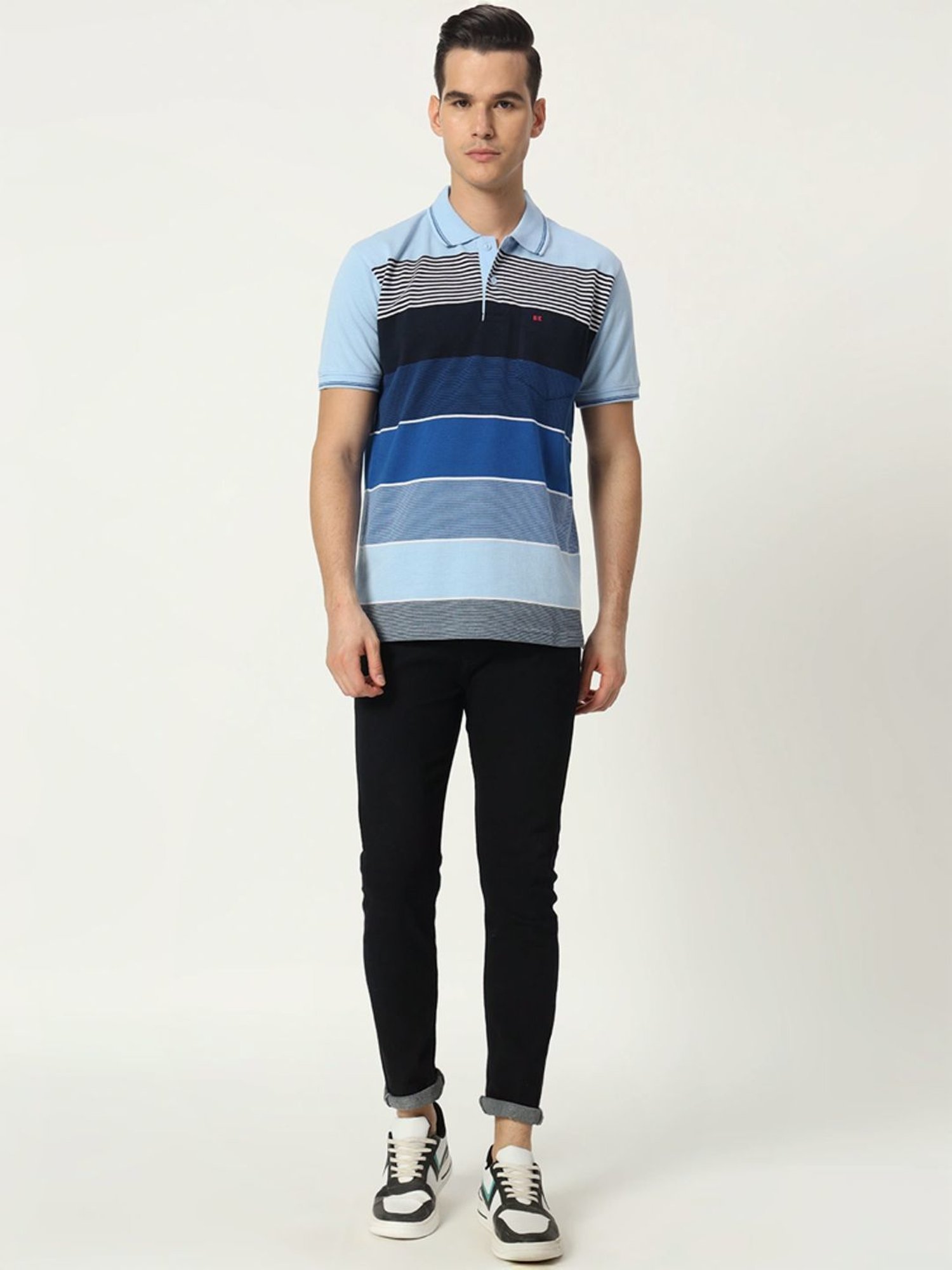Tab91 Blue Regular Fit Striped Polo T-Shirts