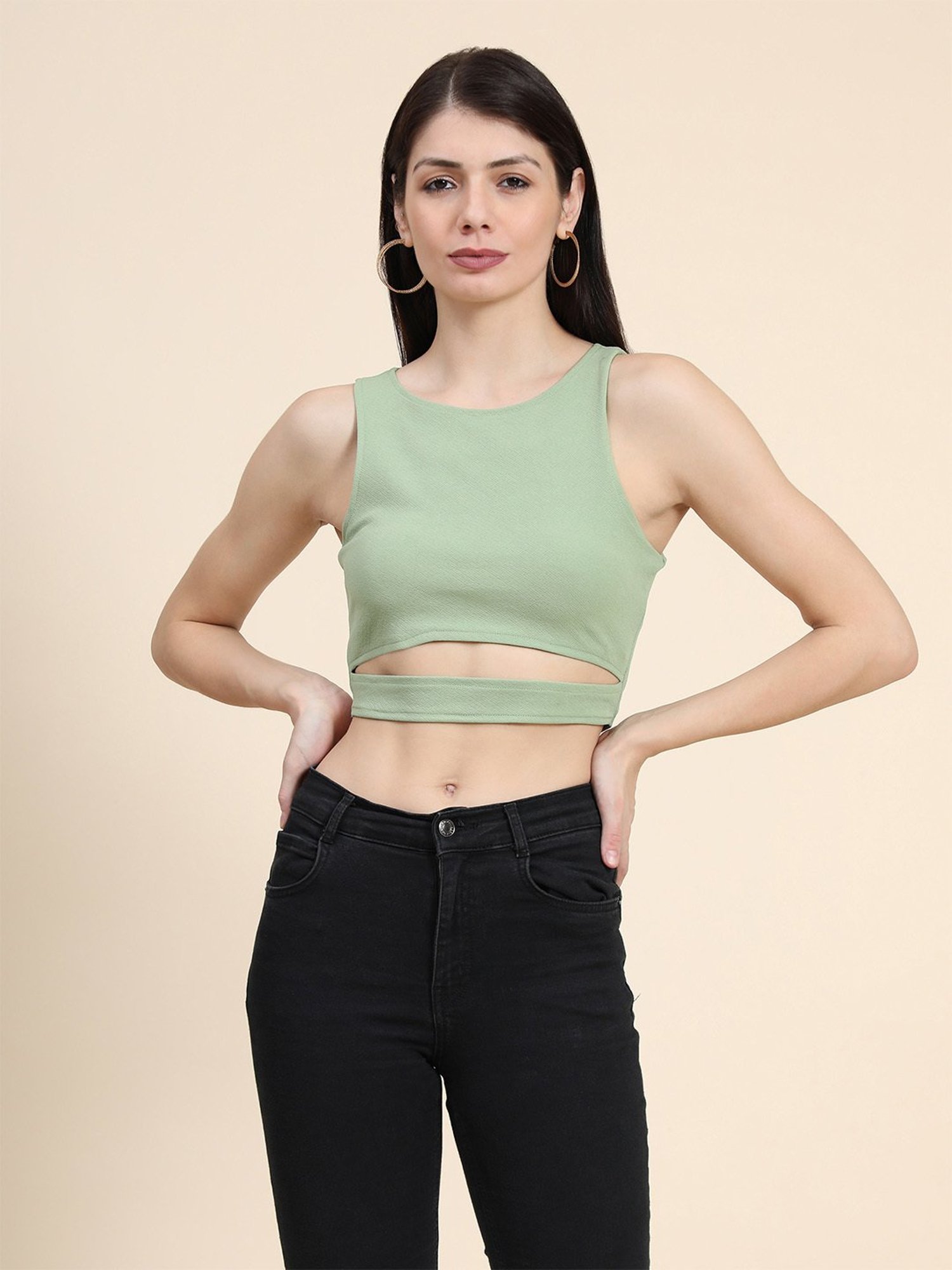 KERI PERRY Light Green Regular Fit Crop Top