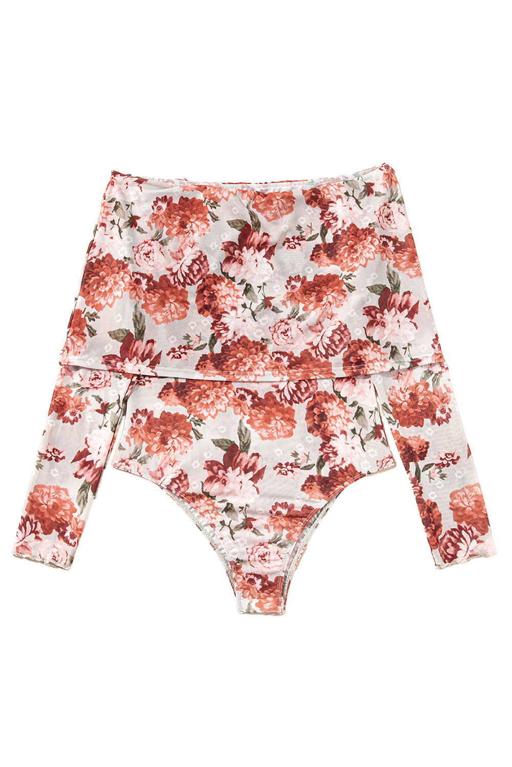 Rose Red Rhinestone Mesh Long Sleeve Bodysuit