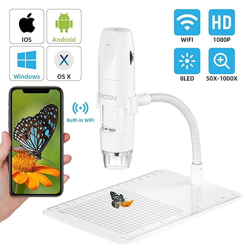 Wireless Digital Microscope USB 50X-1000X 1080P Handheld Portable Mini WiFi Microscope Camera with 8 LED Lights for iPhone/iPad/Mac/Android Phone/Tablet/PC-White