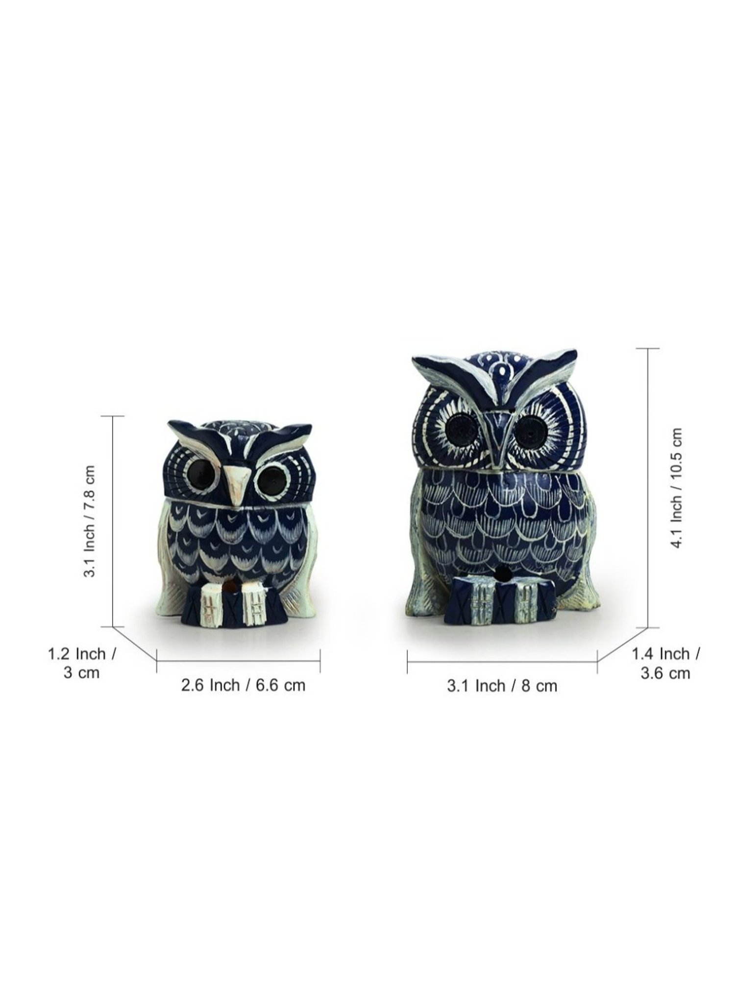 ExclusiveLane Hand-painted Blue & Off-White Eucalyptus Wood The Resting Owl Showpiece - Set of 2