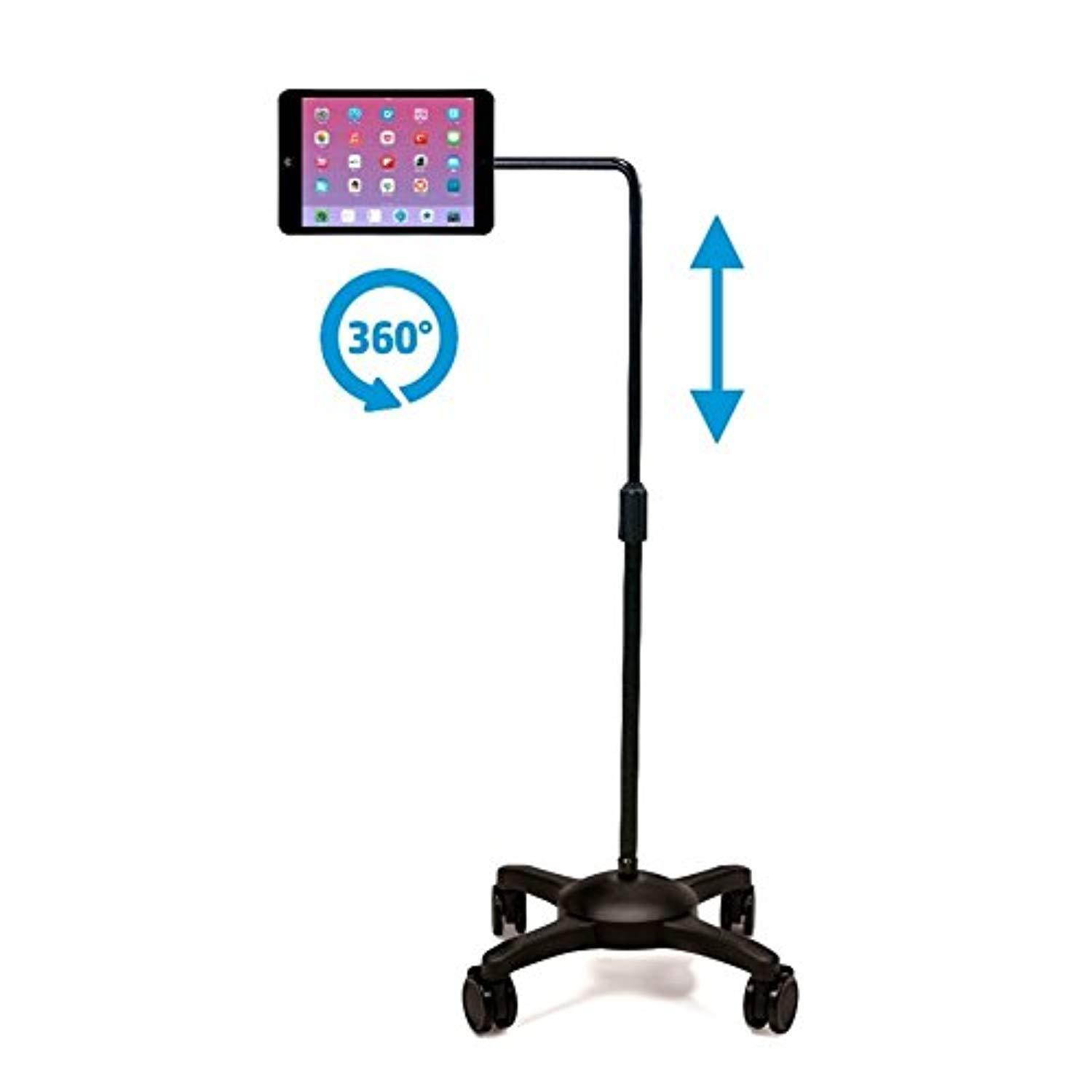 aidata ipad/tablet stand : mobile rolling adjustable floor holder (l arm) wheels
