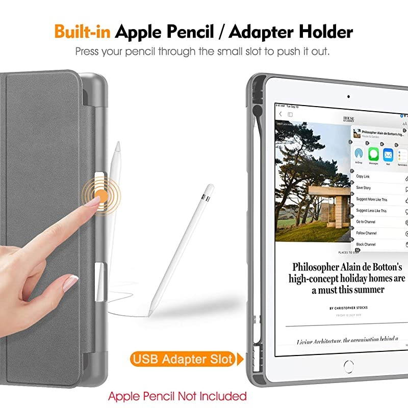 SlimShell Case for New iPad 8th Gen 2020 7th Generation 2019 102 Inch Builtin Pencil Holder Soft TPU Protective Stand Back Cover with Auto WakeSleep Space Gray