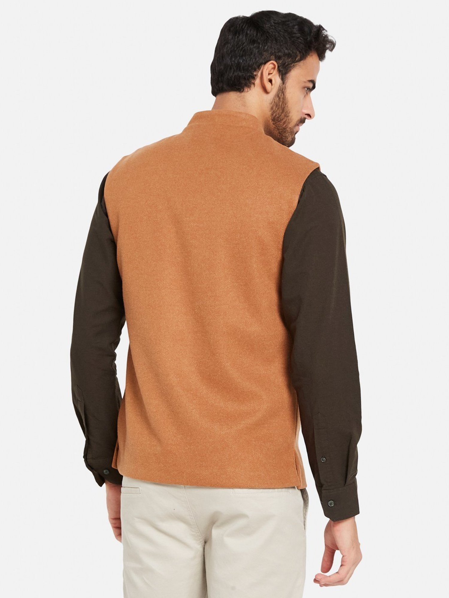 METTLE Tan Cotton Linen Regular Fit Nehru Jacket