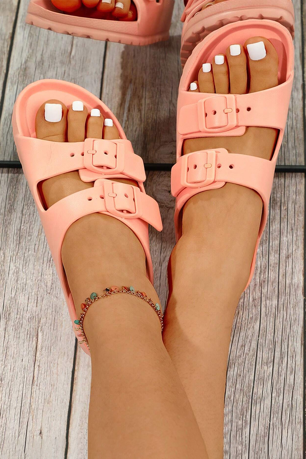 Pale Chestnut Double Buckle Strap Flat Slides S​hoes