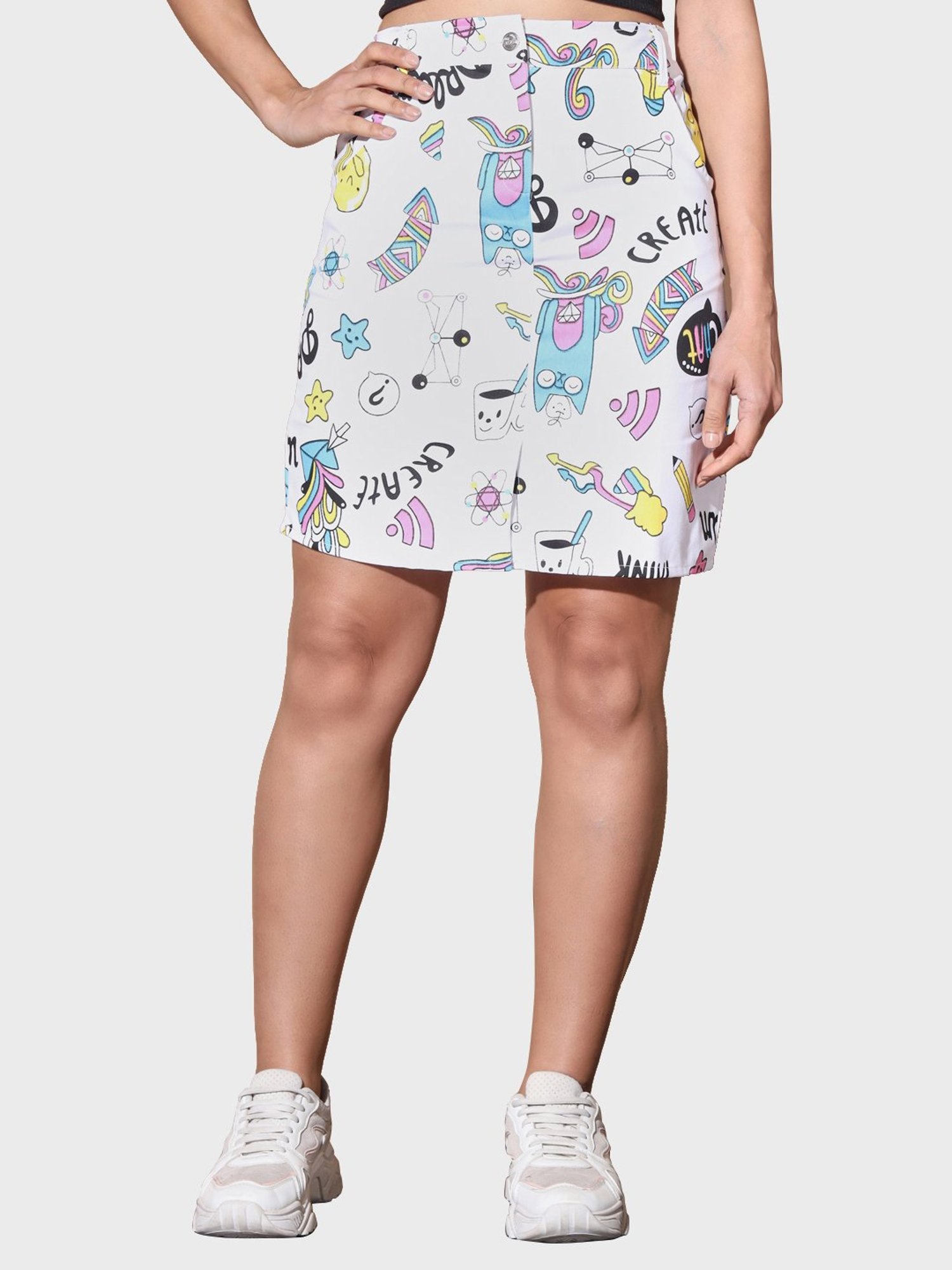 BUYNEWTREND White Printed Pencil Skirt