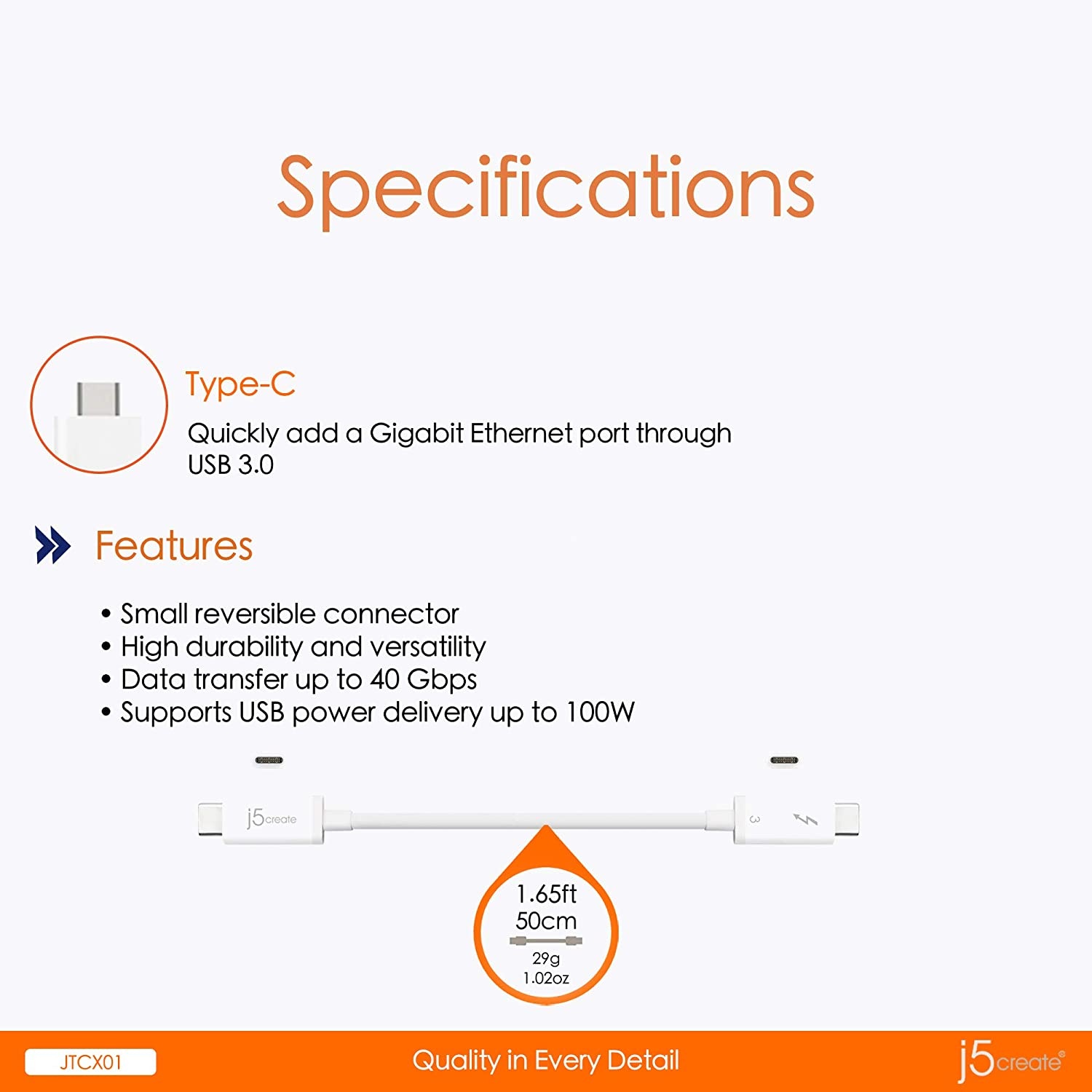 FVH Thunderbolt 2 Port Male to Male Video Data Cable for MacBook & SSD & Displays TB-004-WH