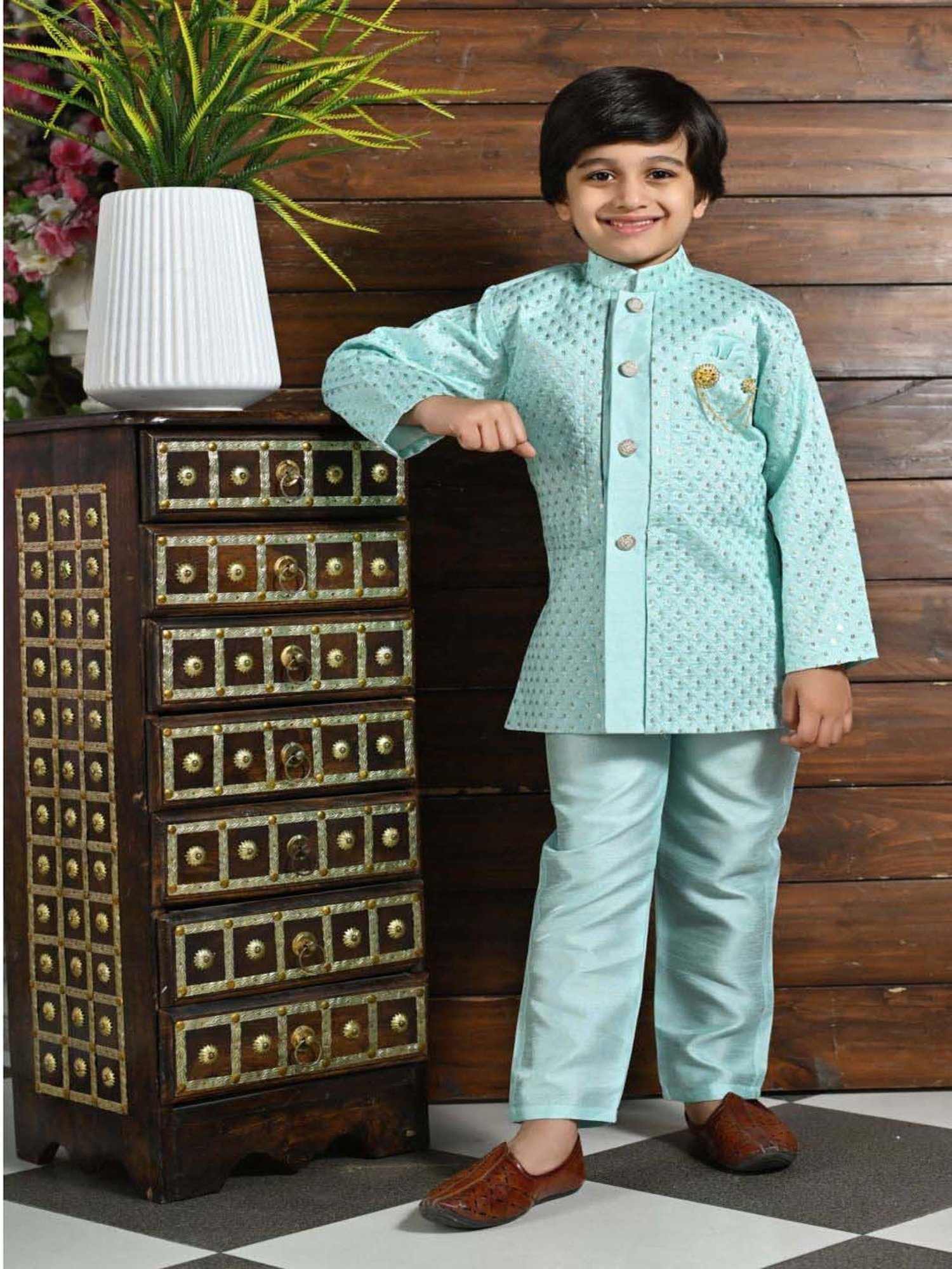AJ Dezines Kids Black Embellished Full Sleeves Sherwani with Pants