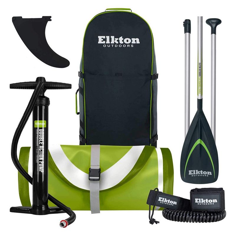 Elkton Outdoors 12 Foot Inflatable Paddle Board Package Kit w/ Fishing Rod Holder, Accessory Mount, and Travel Storage Paddleboard Carry Pack (Green)