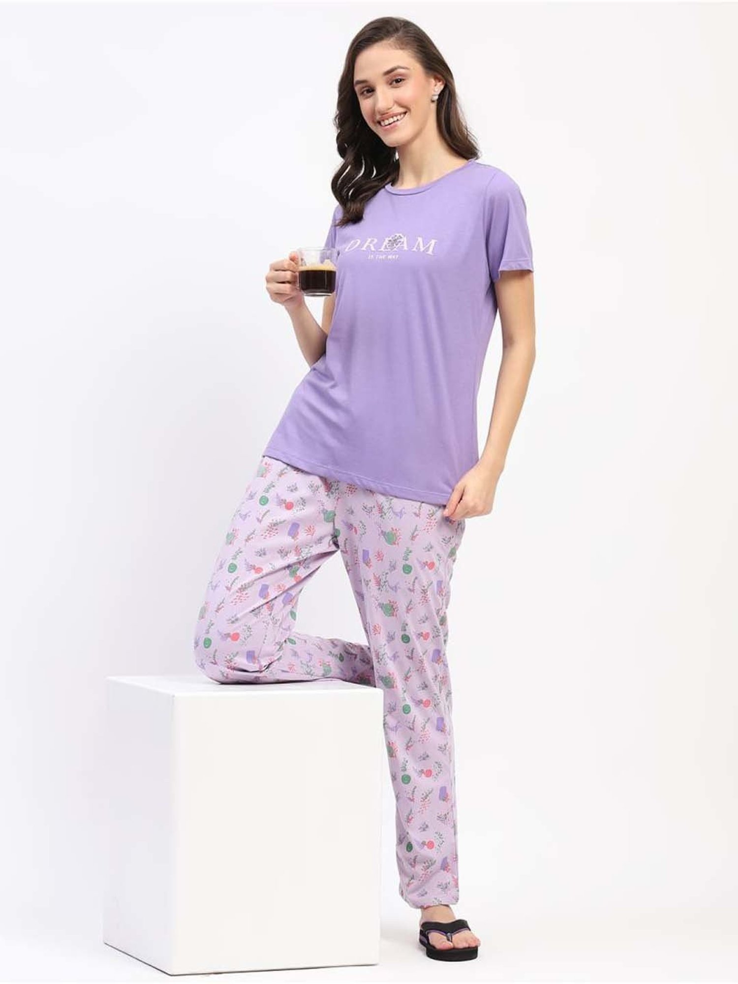 MADAME M Secret Purple Cotton Printed T-Shirt Pyjamas Set