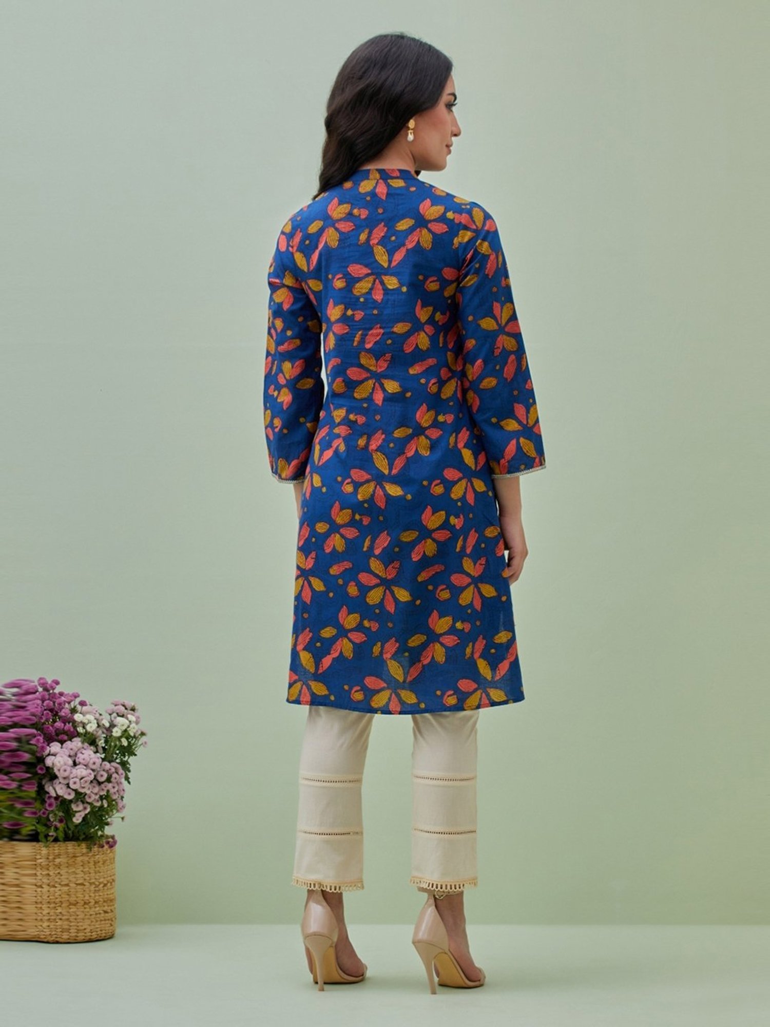 Grass & Sunshine Blue Boho Dreams Block Printed Kurta With Fitted Pants