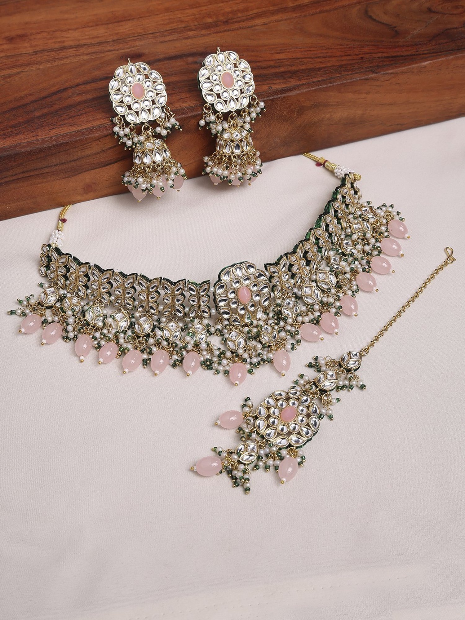 Oomph Pink Jadau Ethnic Necklace, Earring & MaangTikka Set