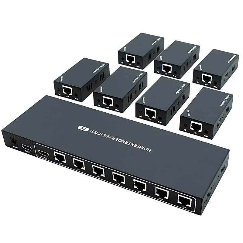 Extender Splitter with IR 1x7 1080P Over Ethernet Cable Cat 5E/6/7 Up to 50m (165ft) Support loopout EDID Copy POC Function (1 in 7 Out)