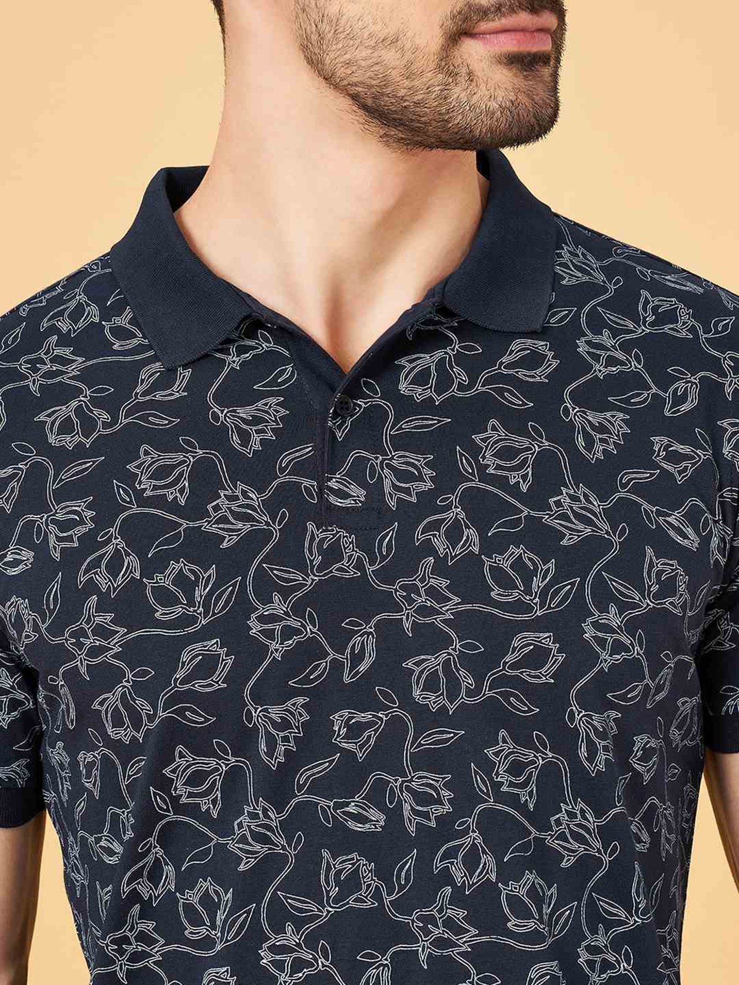 Byford By Pantaloons Navy Slim Fit Printed Polo T-Shirt