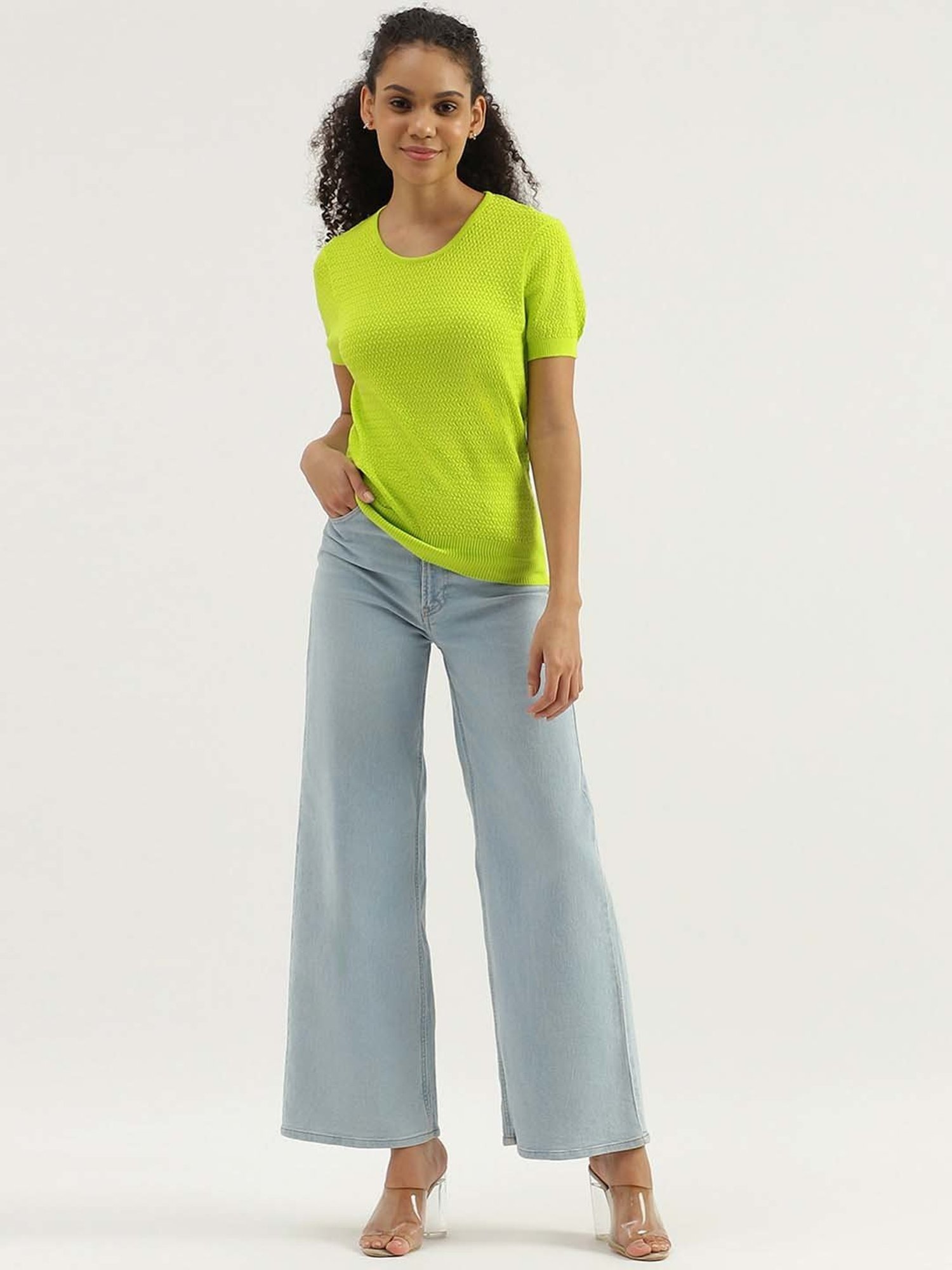 United Colors of Benetton Green Cotton Textured Pattern Top