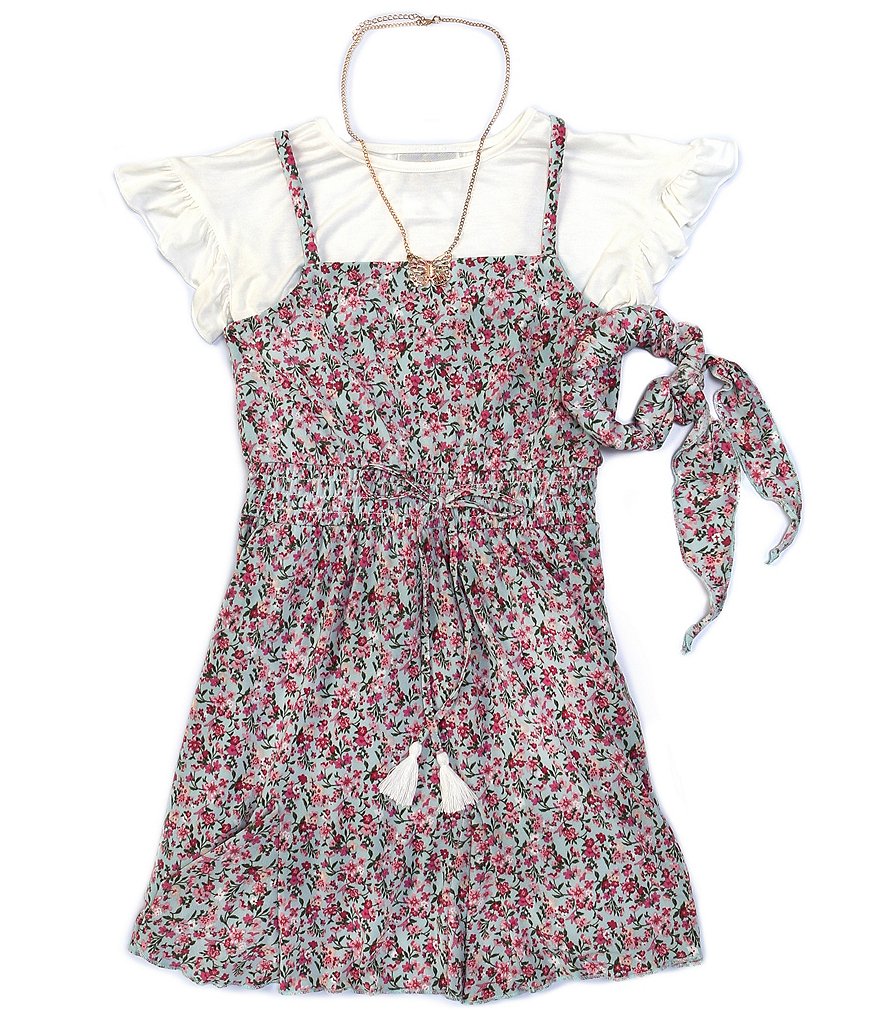 Rare Editions Big Girls 7-16 Ruffle-Sleeve Tee & Floral Gauze A-Line Dress Set