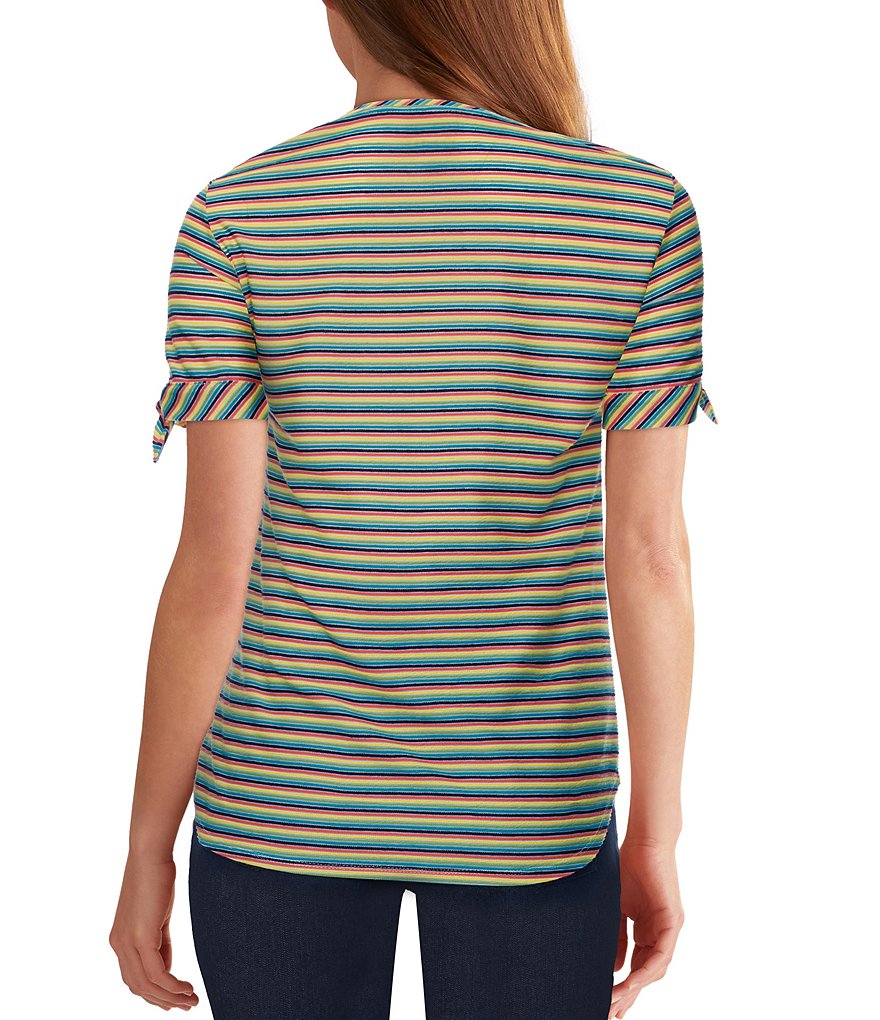 Ruby Rd. Colorful Ottoman Stripe Tie-Sleeve Jewel Neck Top