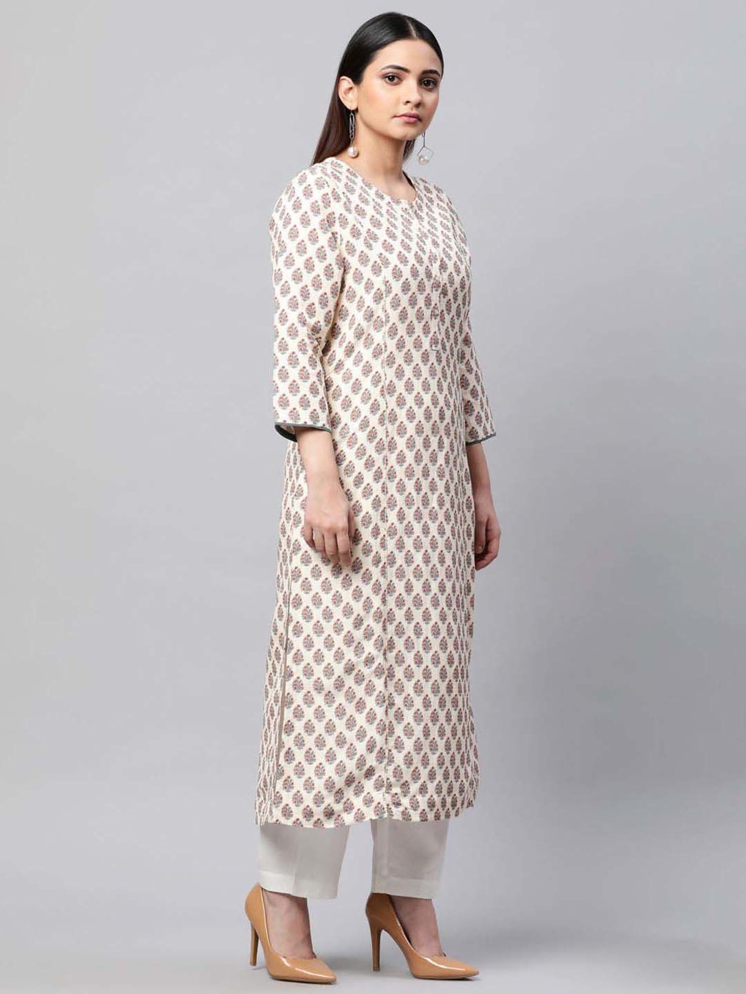 Linen Club Woman Beige Linen Floral Print Straight Kurta