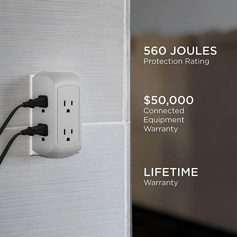 UltraPro 6Outlet Sur Protector Adapter Spaced 3Prong Power Strip Wall Tap Charging Station Side Access Gray 47823