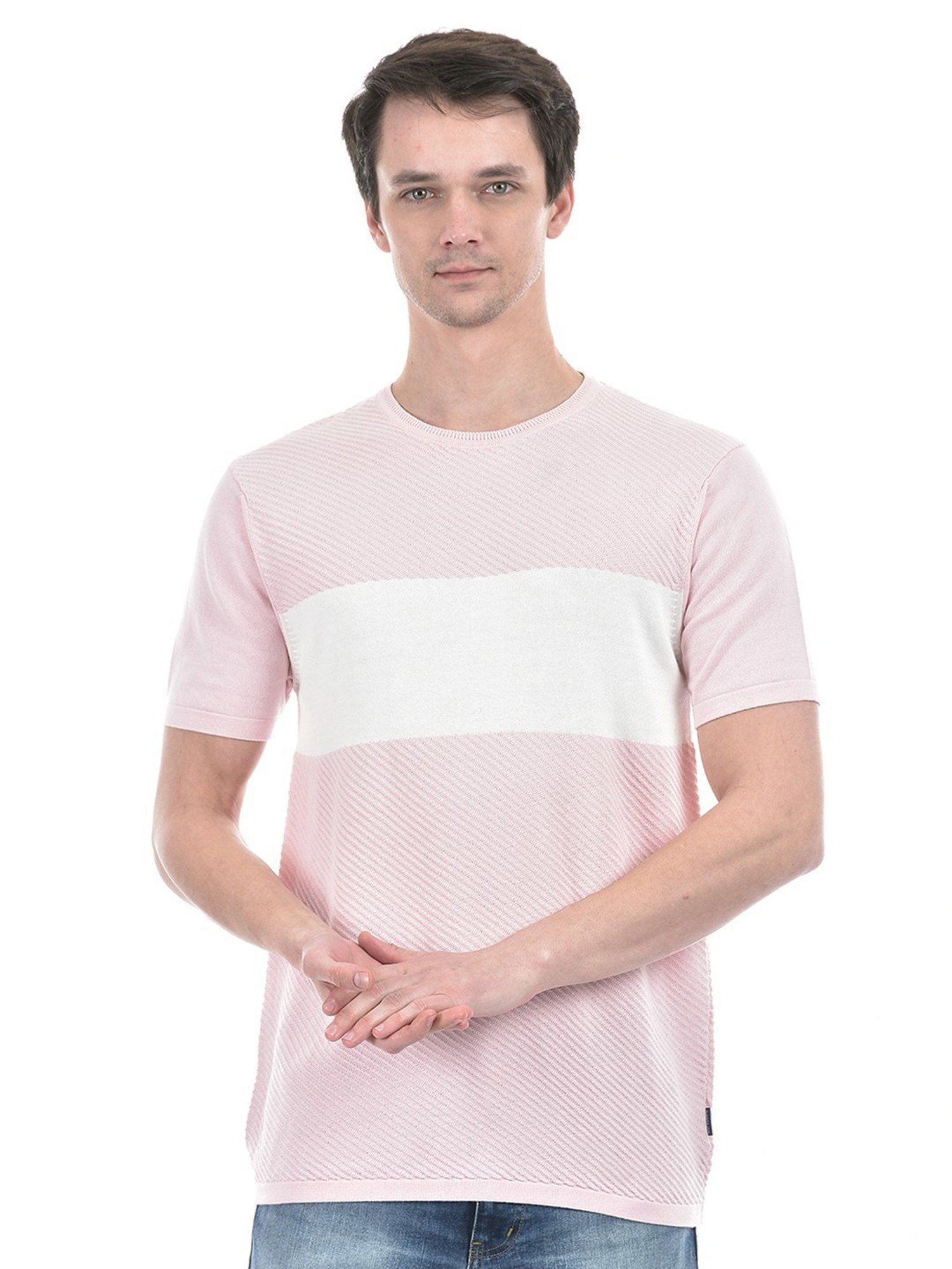 Numero Uno Dusty Pink Cotton Slim Fit Colour Block T-Shirt