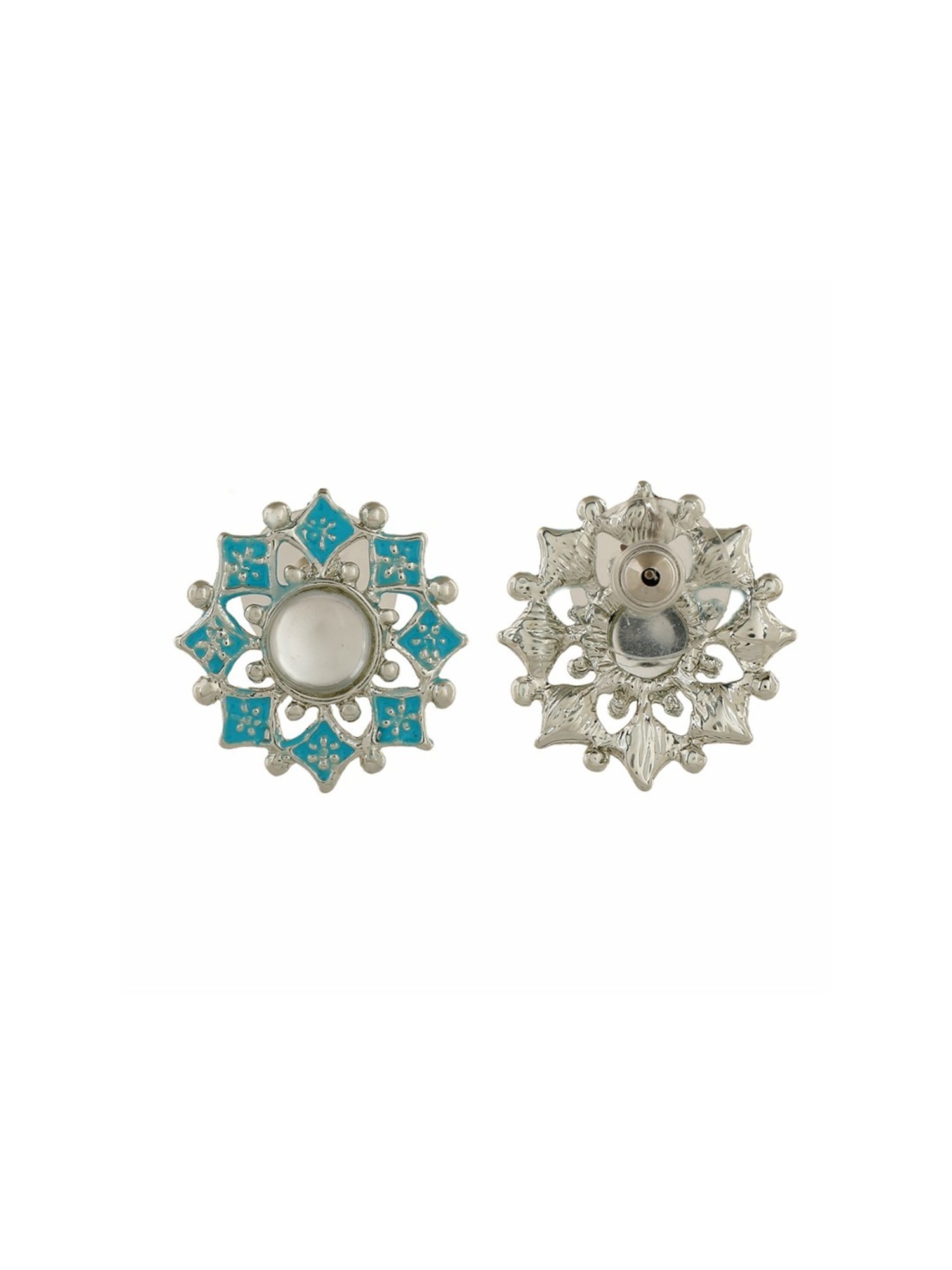 Estele Rhodium-Plated Flower Shaped Blue Meenakari Kundan Stud Earrings