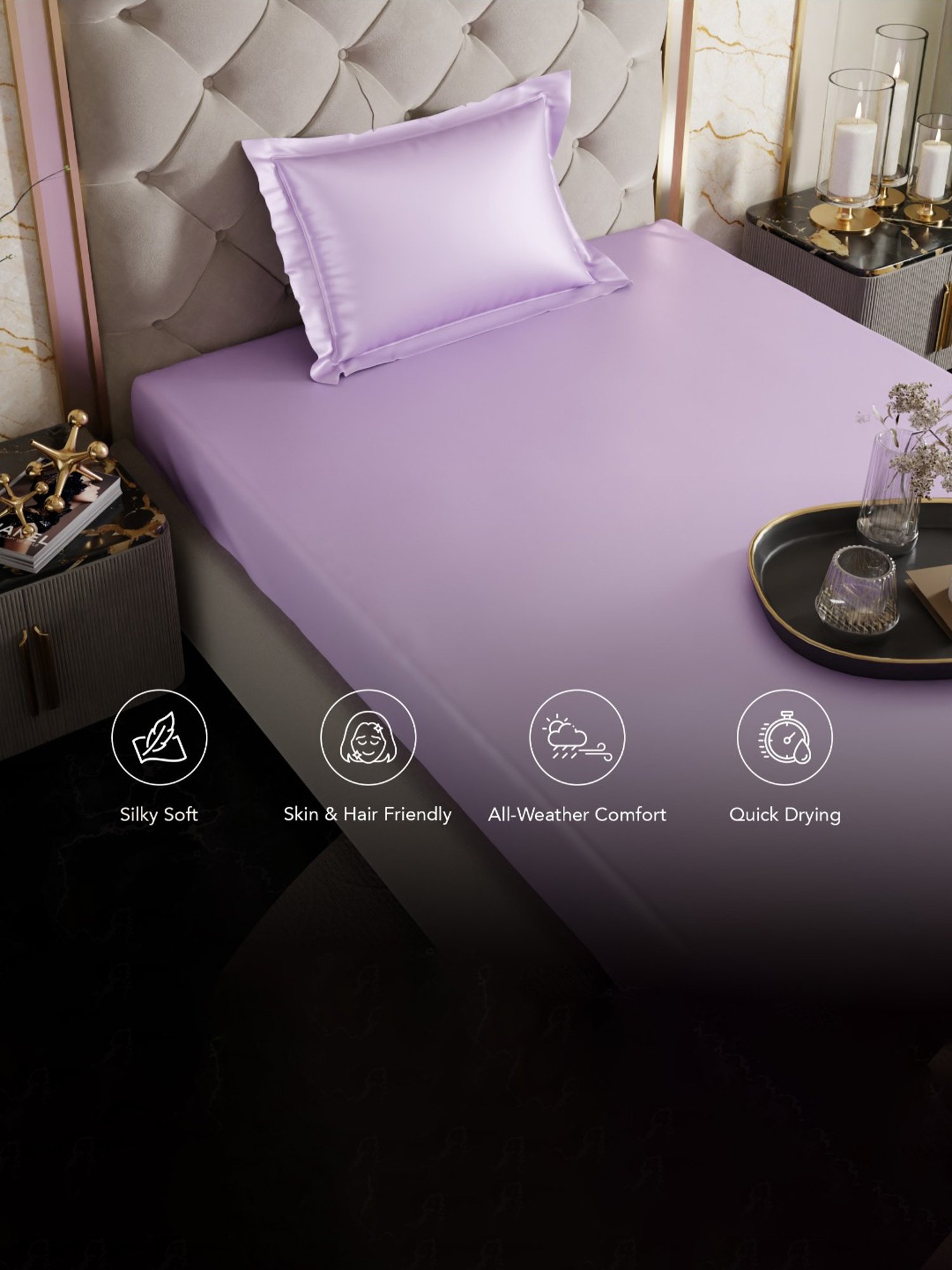 Stoa Paris Lilac Polyester 300 TC Date Night Single Fitted Bedsheet With Pillow Cover