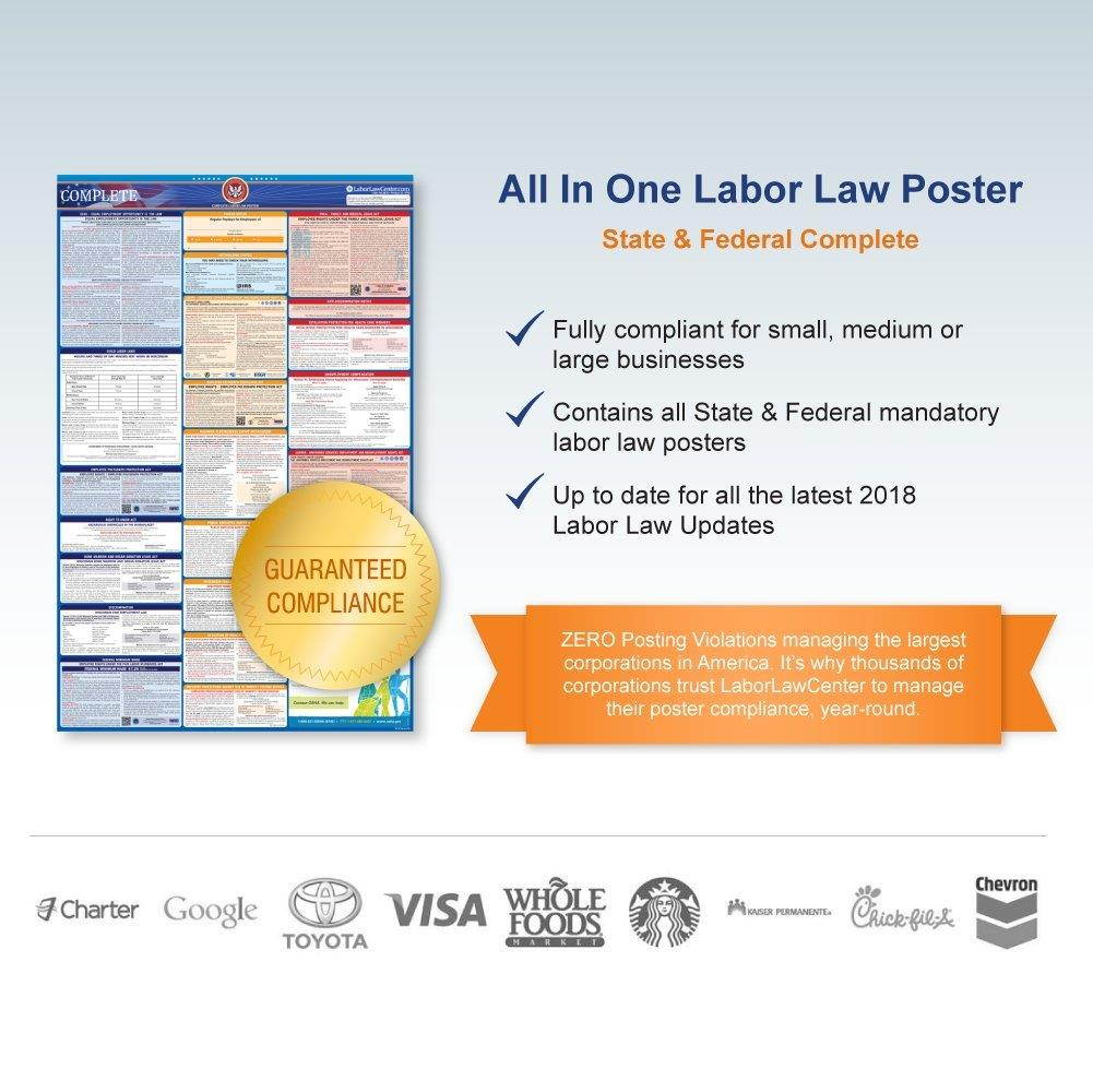 2018 California Labor Law Poster - State & Federal Compliant - Laminated