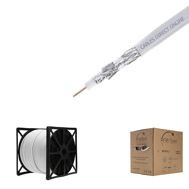 1000FT White RG6 Quad Shielded Coax Cable Satellite TV Coaxial Wire, 18 AWG Copper Clad Steel Conductor, Foam PE Core, 60% Aluminum Braid, PVC Jacket, Reel in Box