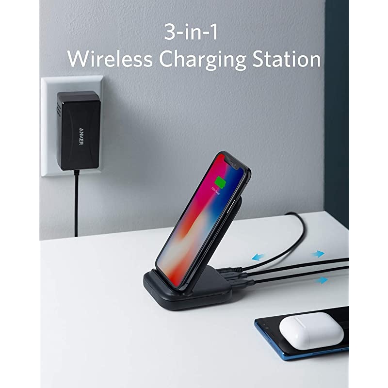 3-in-1 Multi-Device Wireless Charging Station, PowerWave 10 Stand with 2 USB-A Ports, for iPhone SE, 11, 11 Pro, XS Max, XR, XS, X, 8, 8 Plus, Galaxy S20, S10, S9, S8, 36W Power Supply Included