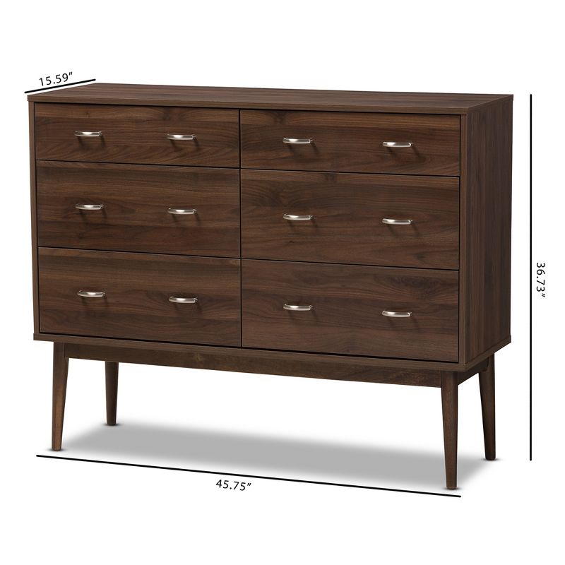Disa Mid-Century Modern Walnut Finished 6 Drawer Dresser Brown - Baxton Studio