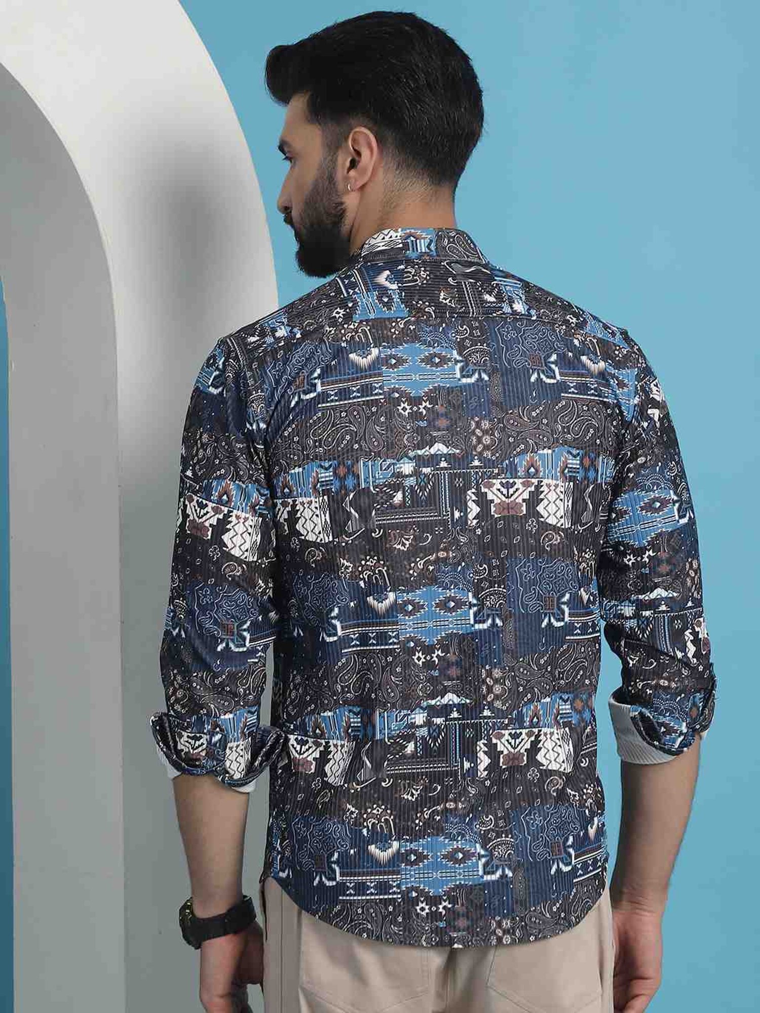 Indian Needle Navy Cotton Regular Fit Printed Shirt