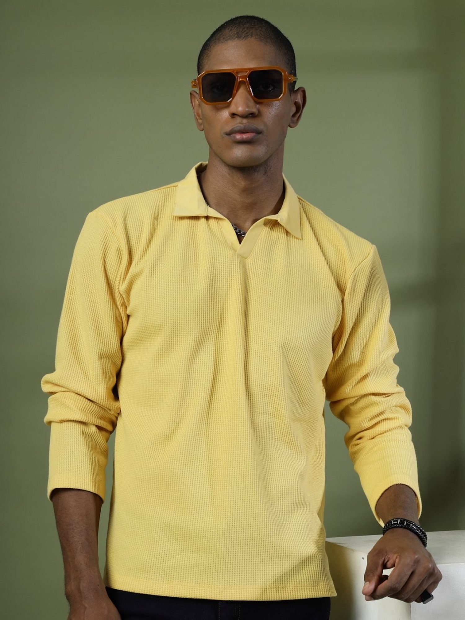 Rigo Yellow Cotton Boxy Fit Texture Polo T-Shirt