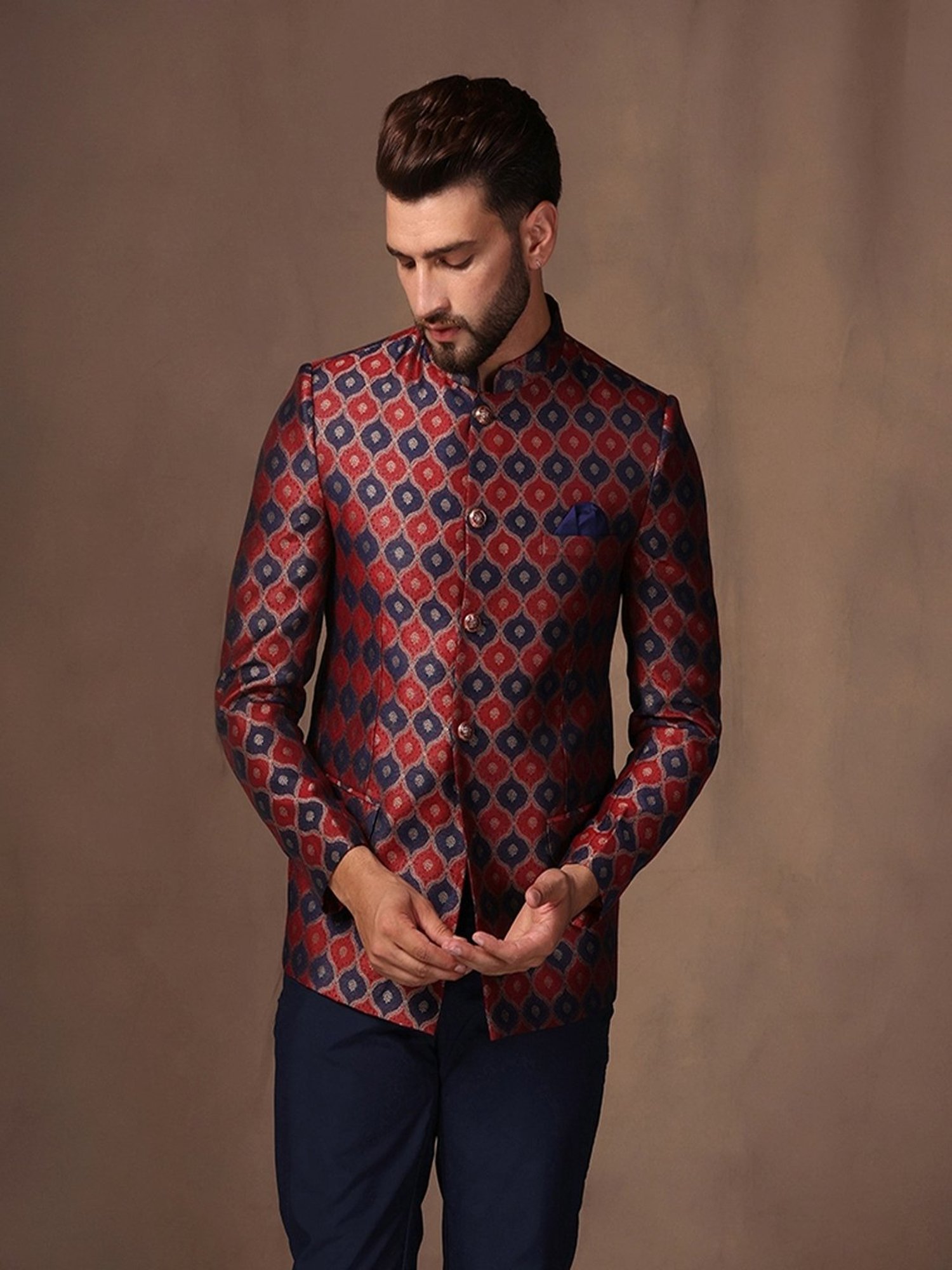 KISAH Maroon & Blue Regular Fit Self Design Ethnic Blazer