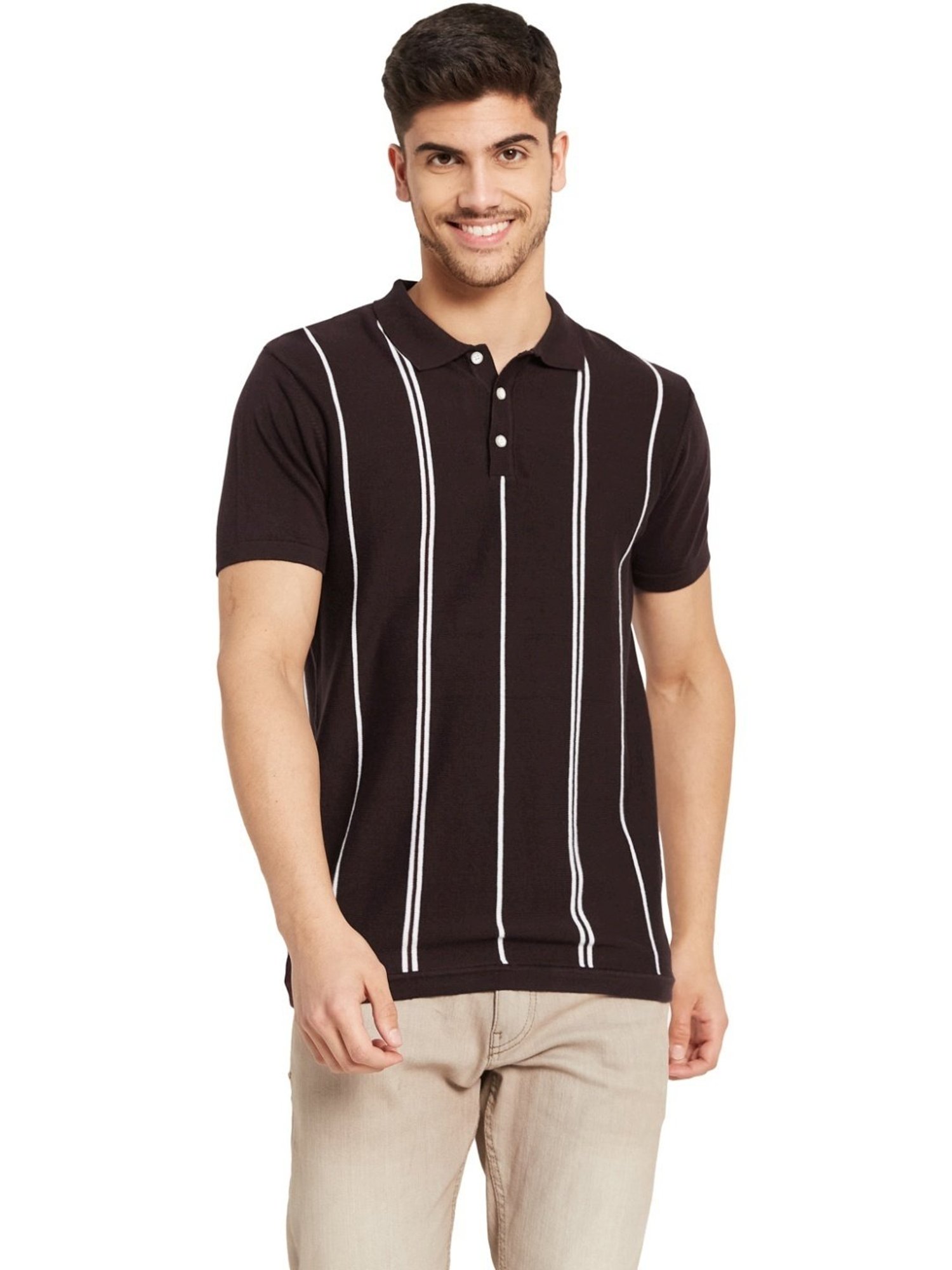 METTLE Wine Cotton Regular Fit Striped Polo T-Shirt