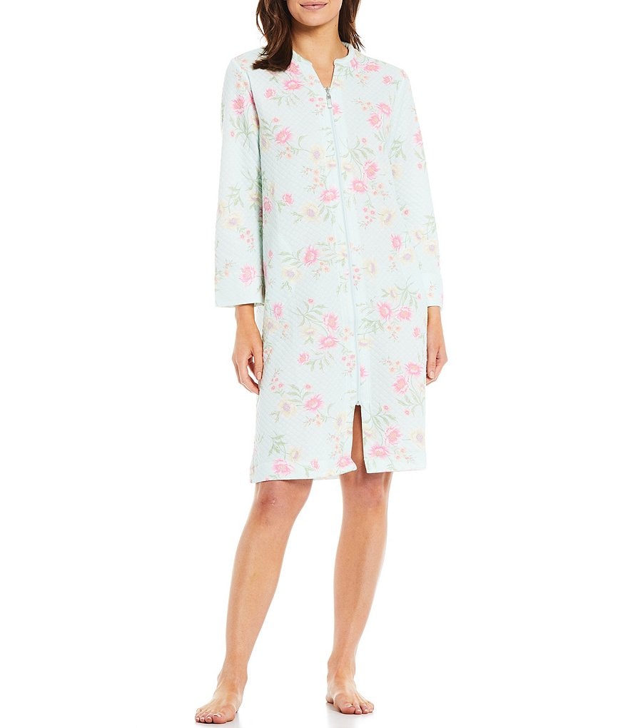 Miss Elaine Cottonessa Floral Print Quilt-In-Knit Zip Front Robe