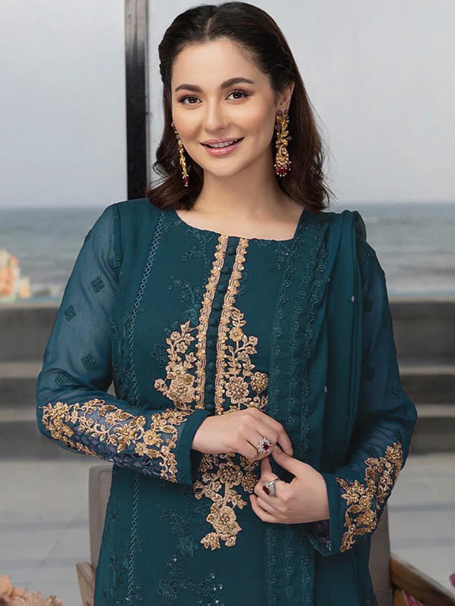 Odette Teal Blue Embroidered Unstitched Dress Material