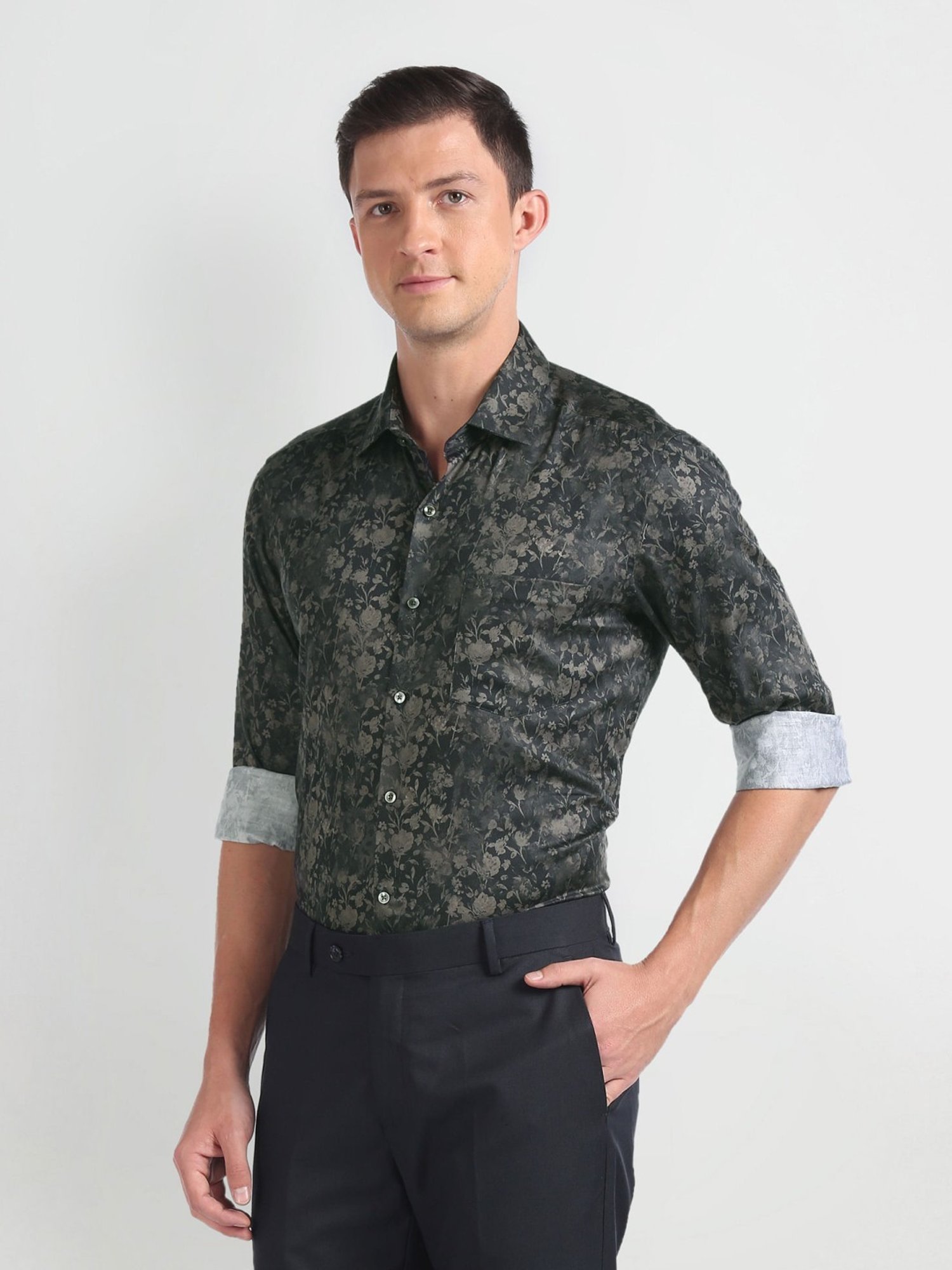 Arrow Navy Blue Cotton Slim Fit Printed Shirt