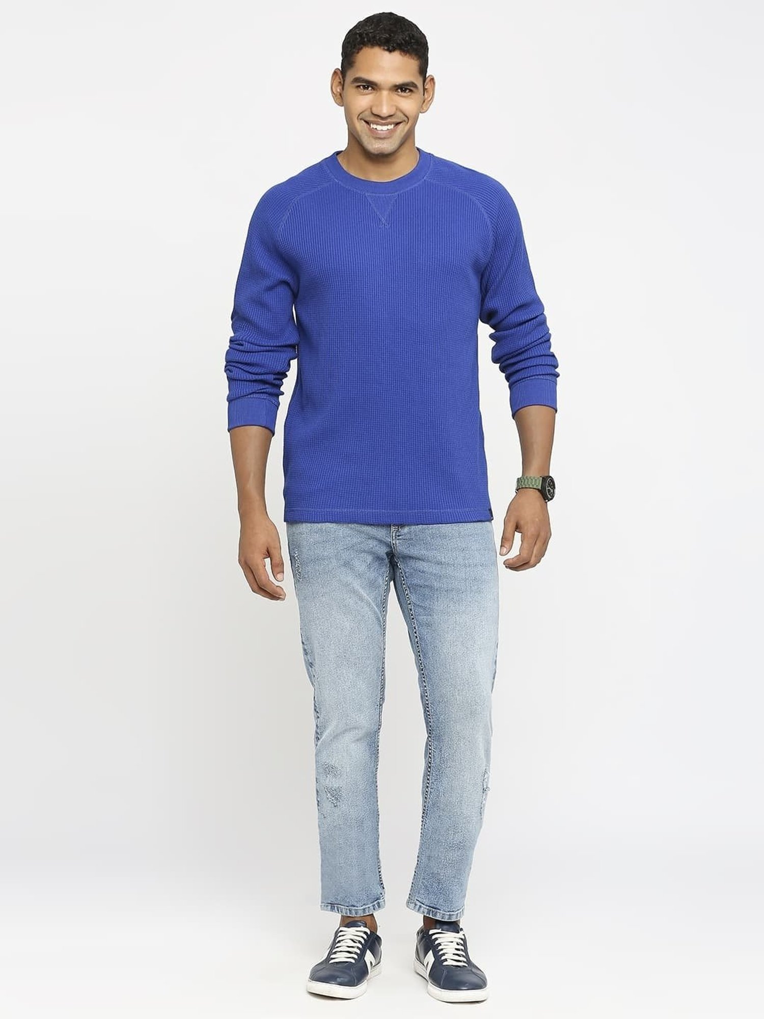 Basics Blue Cotton Muscle Fit T-Shirt