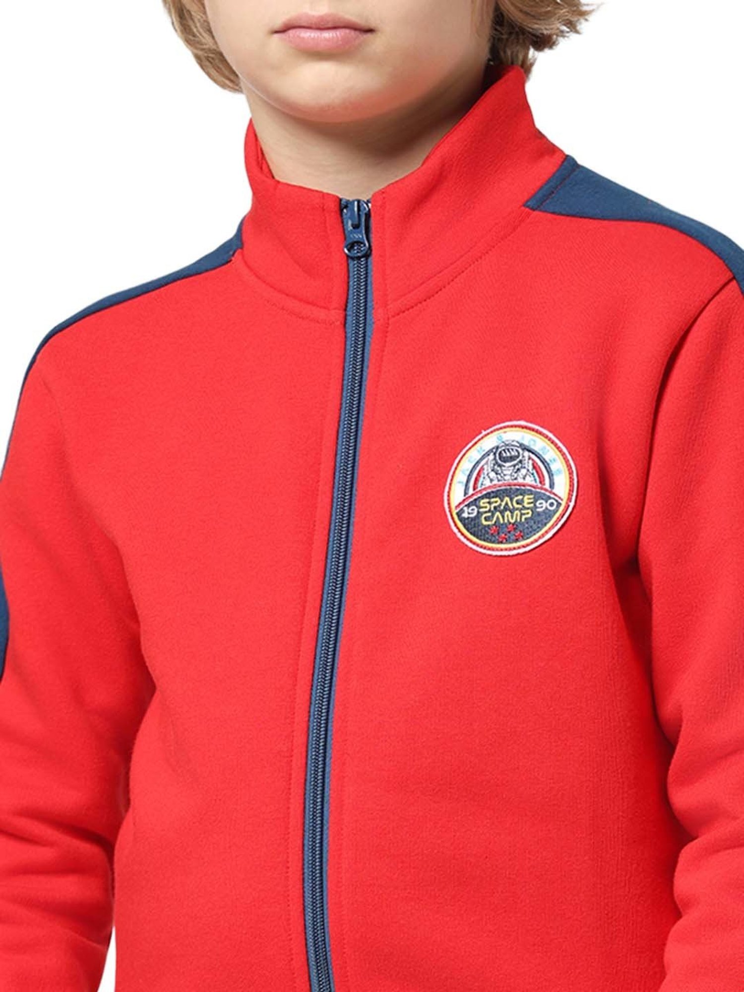 Jack & Jones Junior Mars Red Color Block Full Sleeves Sweatshirt