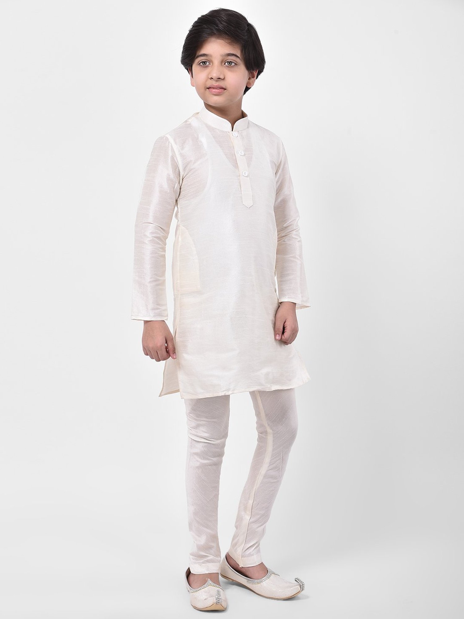 Deyann Kids Off White & Red Printed Full Sleeves Kurta, Churidar Pants with Nehru Jacket