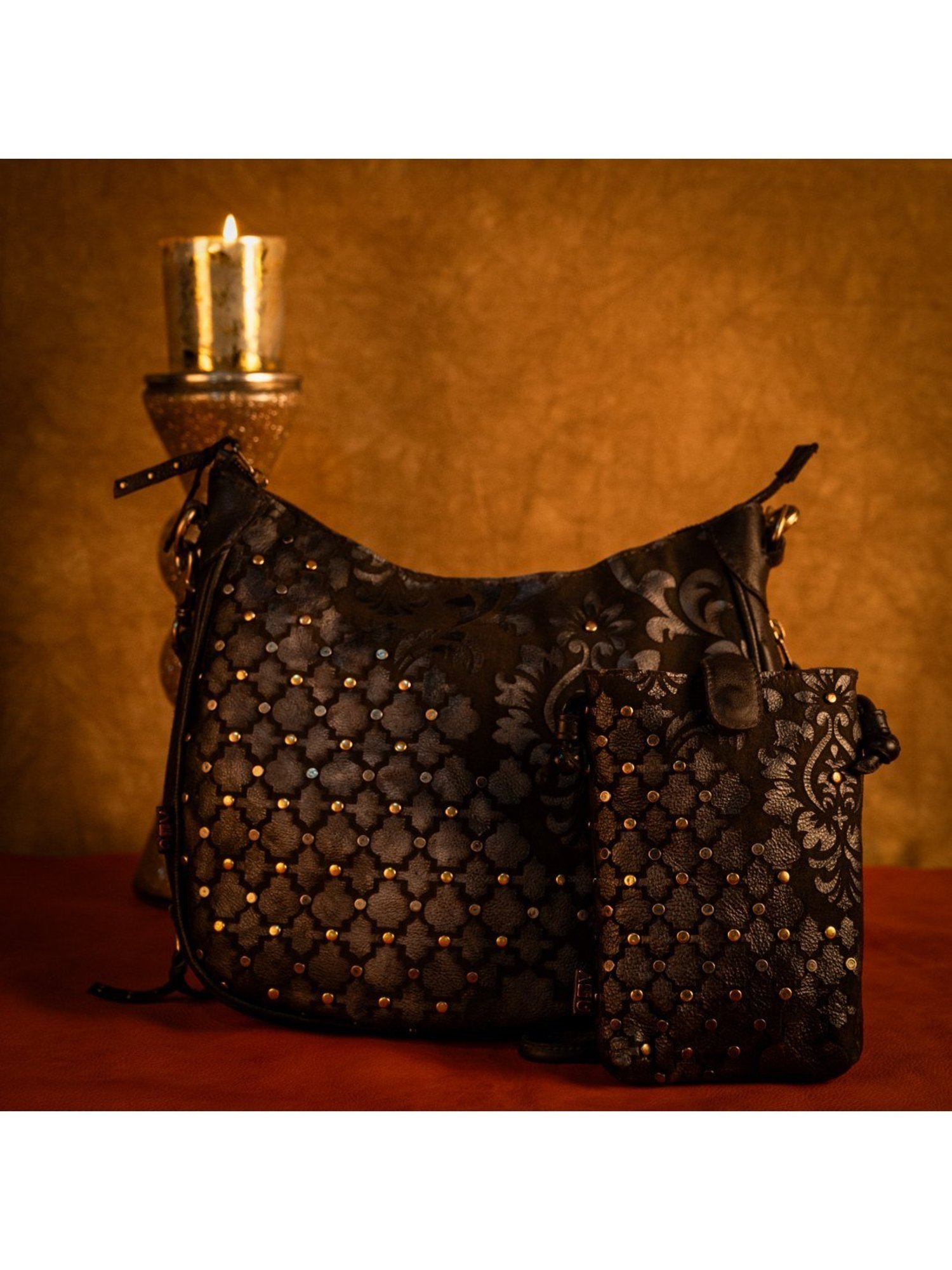 Art N Vintage Luminosa Black Leather Floral Medium Hobo Handbag