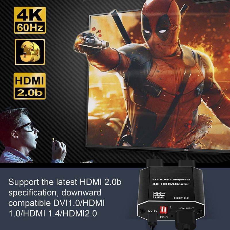HDMI Splitter 1 in 2 Out - EULAN Full HD 1080P 3D 4K HDMI Switch HDMI2.0b Splitter Support 3840x2160@60Hz, HDCP2.2, RGB 4:4:4, 18.5Gbps, Auto Scaling