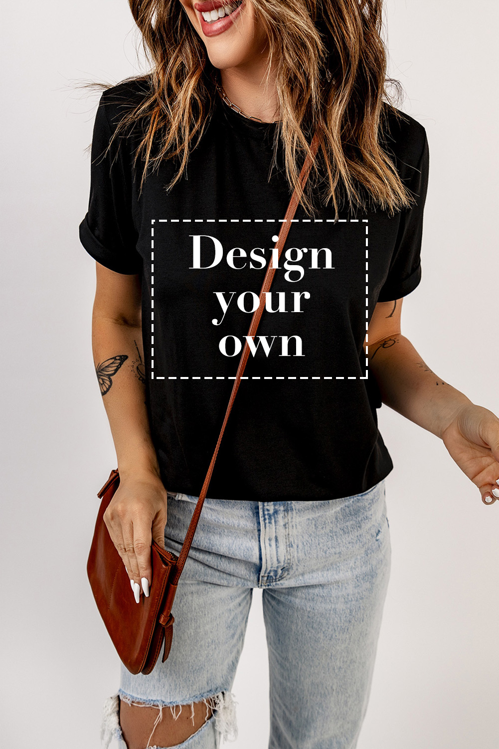 Blank T Shirt - Black Plain Rolled Up Crewneck T-Shirt Customized