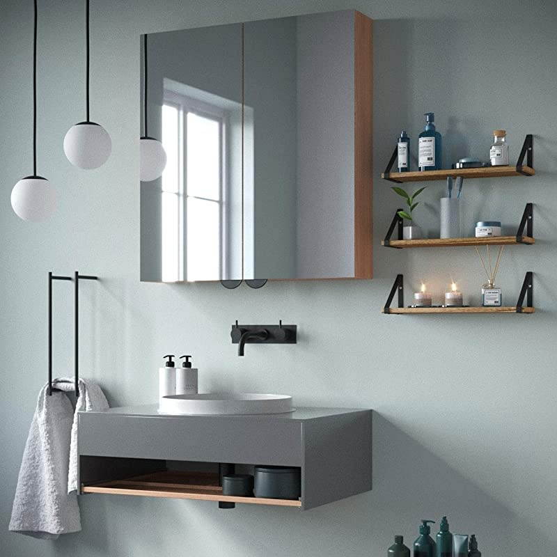 Ponza Floating Shelves Wall Mounted Set of 3 Laundry Room and Bathroom Storage Shelf Unit Natural Burned Rustic Wood Wall Decor with Metal Floating Shelf Bracket